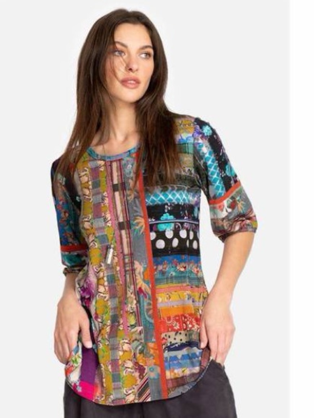 Johnny Was Sonnet Multicolor Patchwork Boho Whimsical Bamboo Top Plus Size 2X